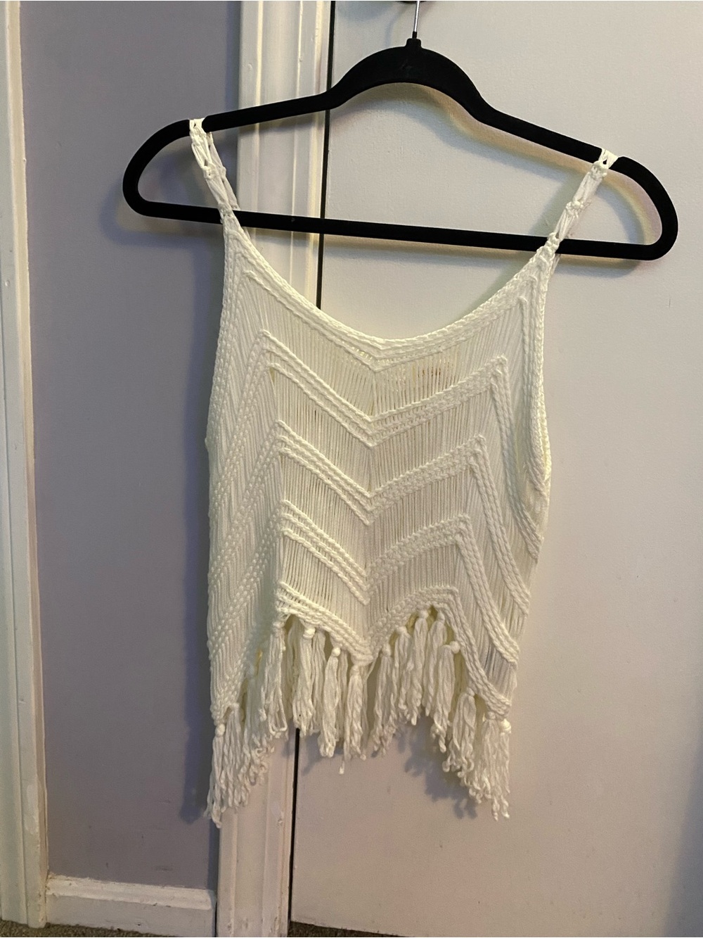 Fringed Knit Camisole Tank Top - White